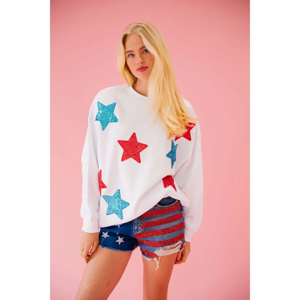 Judith March USA Sequin Stars White Pullover L
